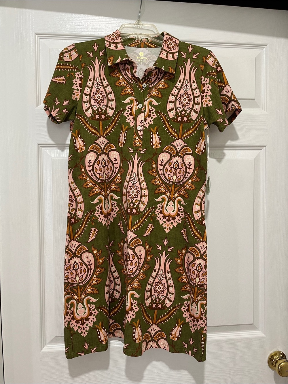 Spartina 449 Olive Green and Pink Short-Sleeve Shirt Dress
